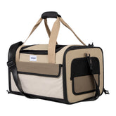 Chestnut brown pet travel tote with carry handles, shoulder strap and a zipped side mesh opening.