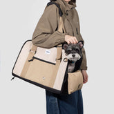 Portable breathable pet bag with dog inside, beige and black design, suitable for small pets up to 9kg