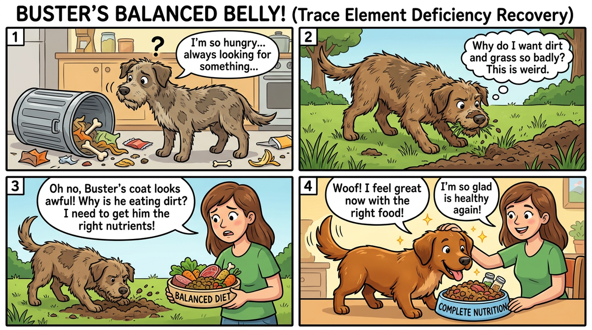 Comic showing a dog beside spilled rubbish, on grass and with food bowls