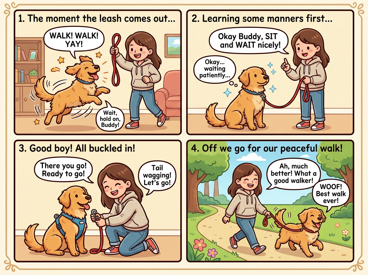 Four-panel comic of an owner teaching a dog to wait before a walk