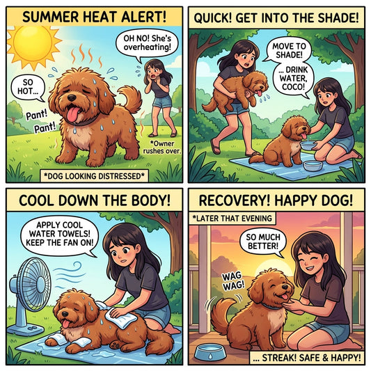 Dog resting in shade beside water during warm weather