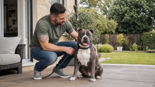 Calm American Bully sitting beside a responsible owner