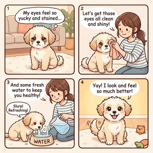 Small light-coated dog with clean, dry fur around both eyes