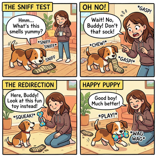 Dog walking past a non-food object while staying focused on its owner