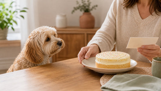 Small dog looking at a birthday cake while its owner checks the ingredients