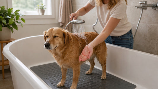 Dog standing on a non-slip mat during a safe lukewarm home bath