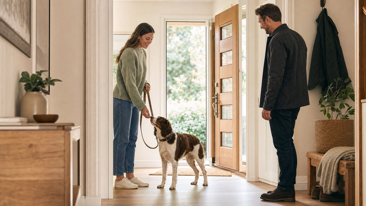 A dog greeting a visitor calmly with all four paws on the floor