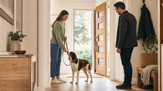 A dog greeting a visitor calmly with all four paws on the floor
