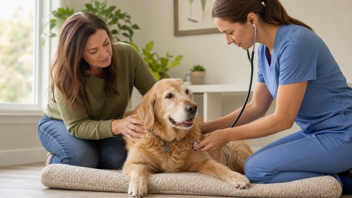 Senior dog receiving a calm heart check from a veterinarian