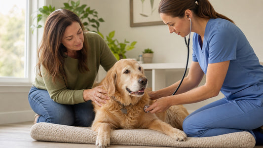 Senior dog receiving a calm heart check from a veterinarian