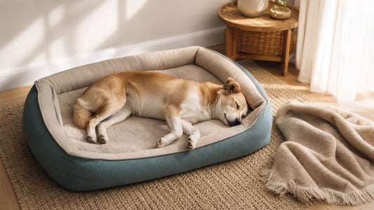 Relaxed dog sleeping on its side in a comfortable bed
