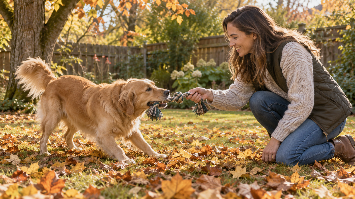 A dog and owner enjoying a gentle game with a rope toy among autumn leaves