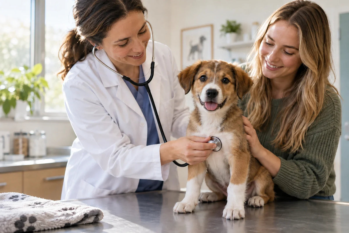 Veterinarian using a stethoscope on a puppy while its owner steadies it on an examination table.