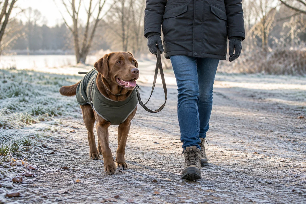 A brown dog wearing a coat walks beside its owner on a lightly frosted path.