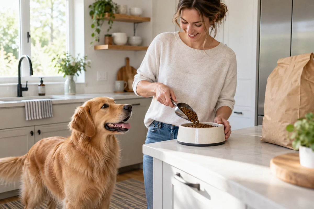 A golden dog watches an owner pour kibble into a plain bowl on a bright kitchen counter.