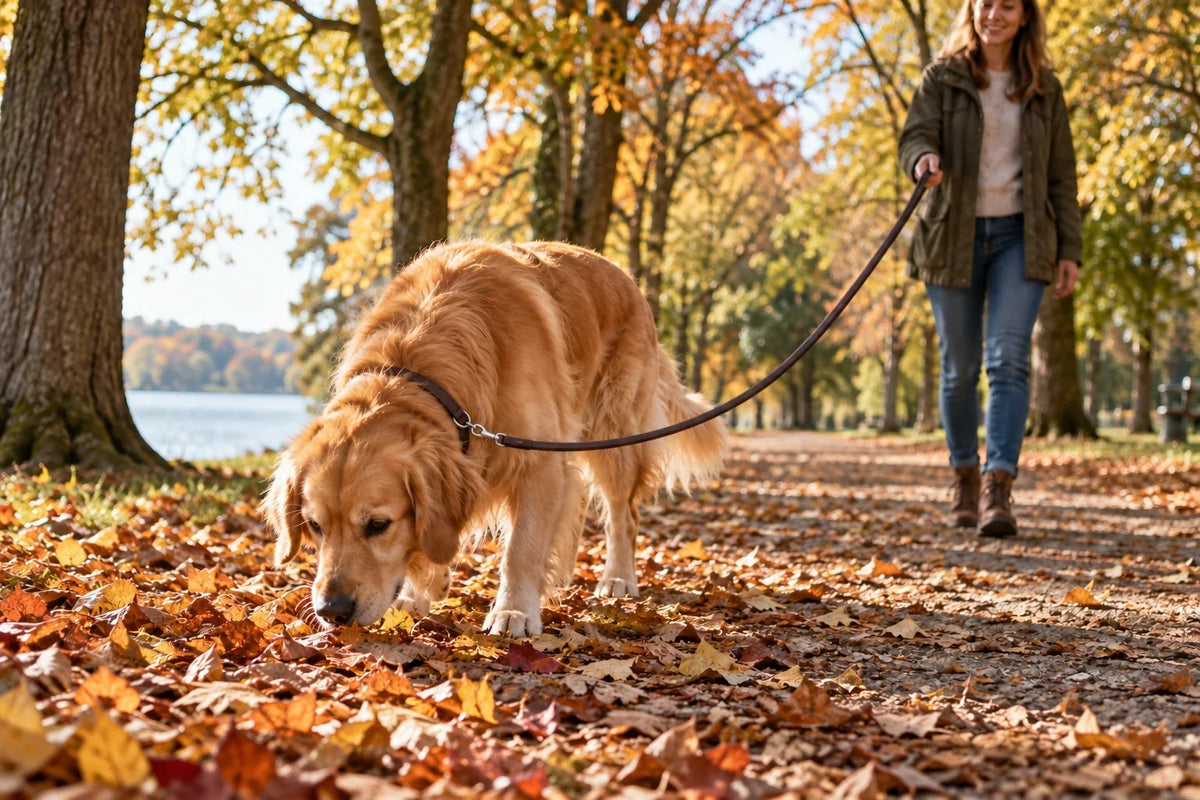 Un golden retriever annusa le foglie cadute mentre la proprietaria tiene il guinzaglio morbido su un sentiero autunnale.