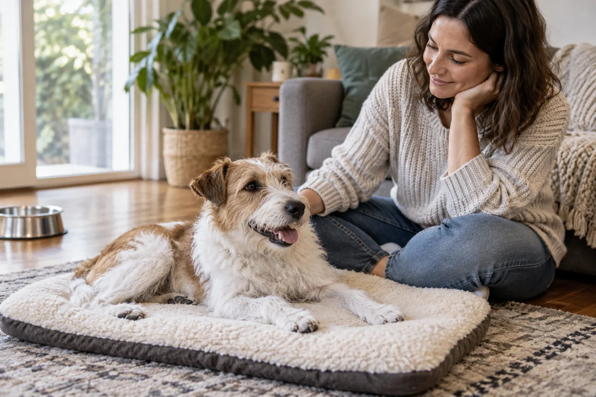 A tan-and-white terrier resting on a soft mat beside an owner seated near the sofa.