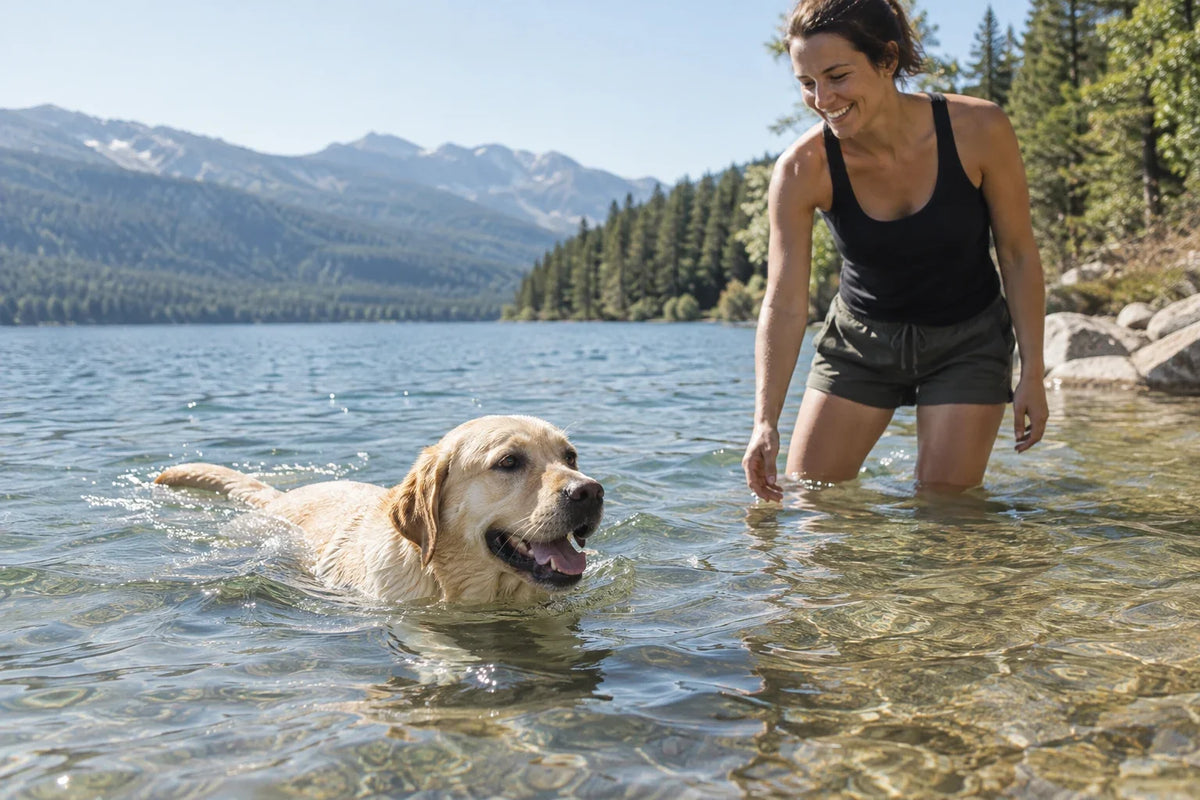 Yellow Labrador paddling beside its owner standing in the clear shallow water at a lake shore.