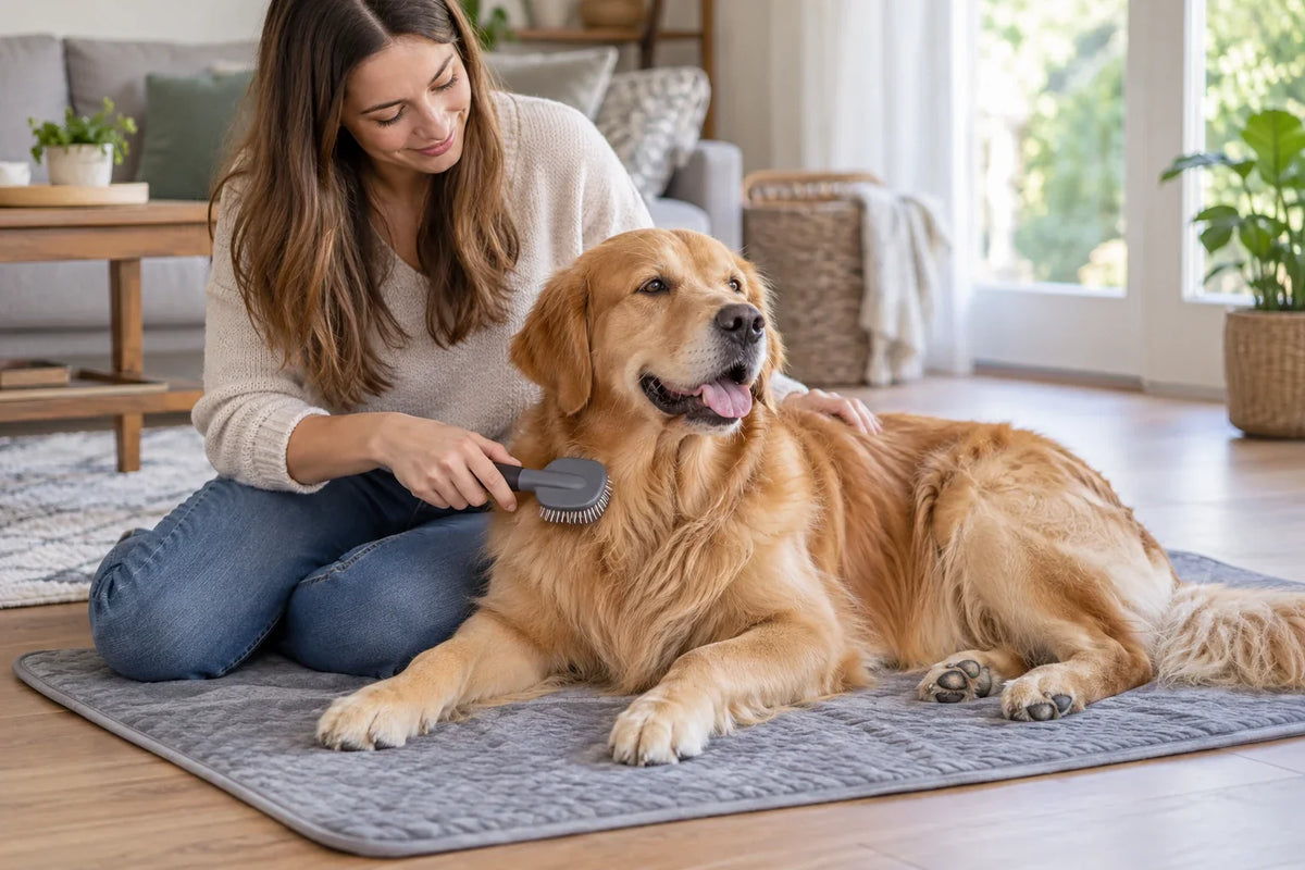 An owner gently brushes a golden retriever's shoulder while the dog rests on a grey mat.