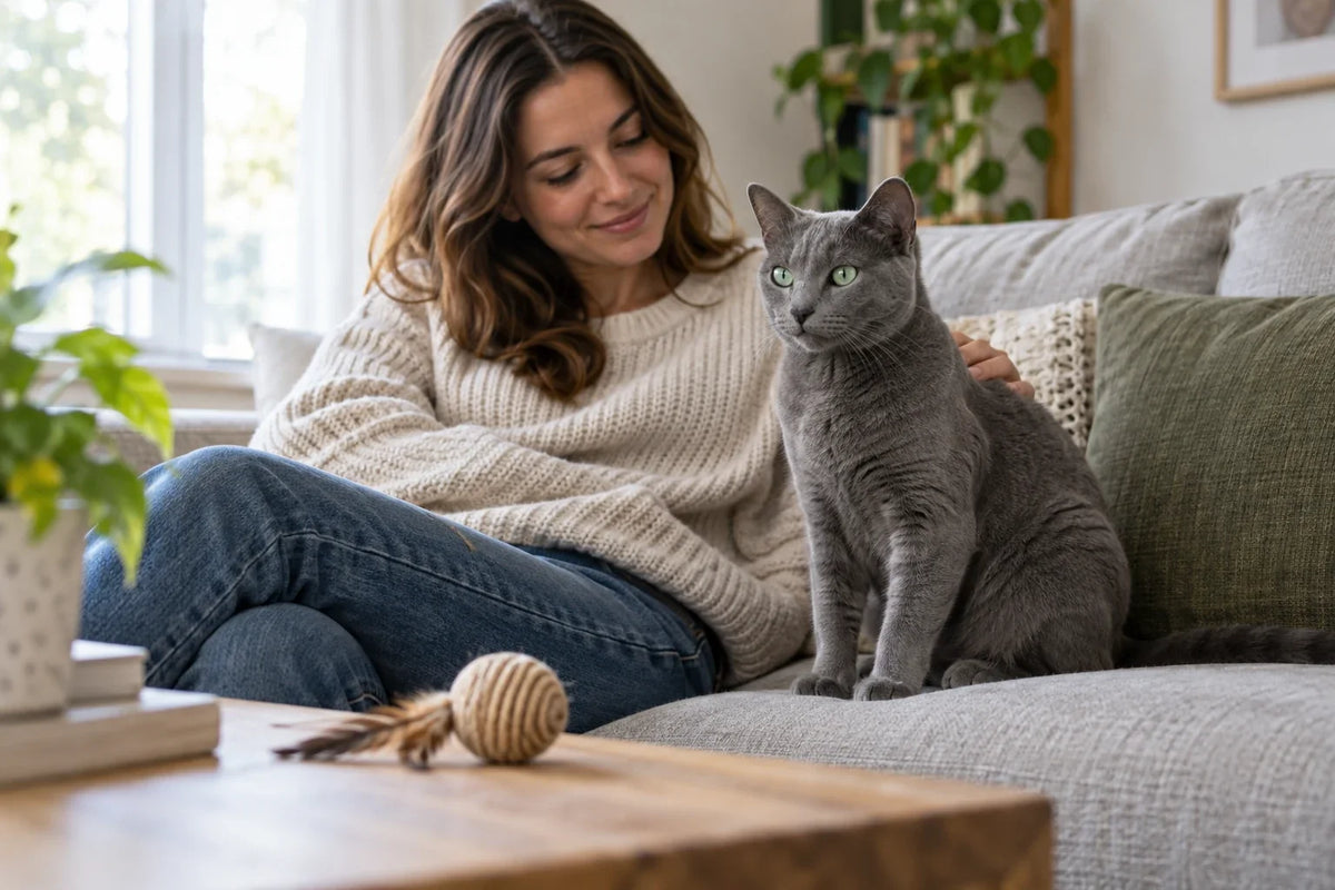 Grey cat with green eyes sitting on a sofa beside its owner, with a toy on the table.