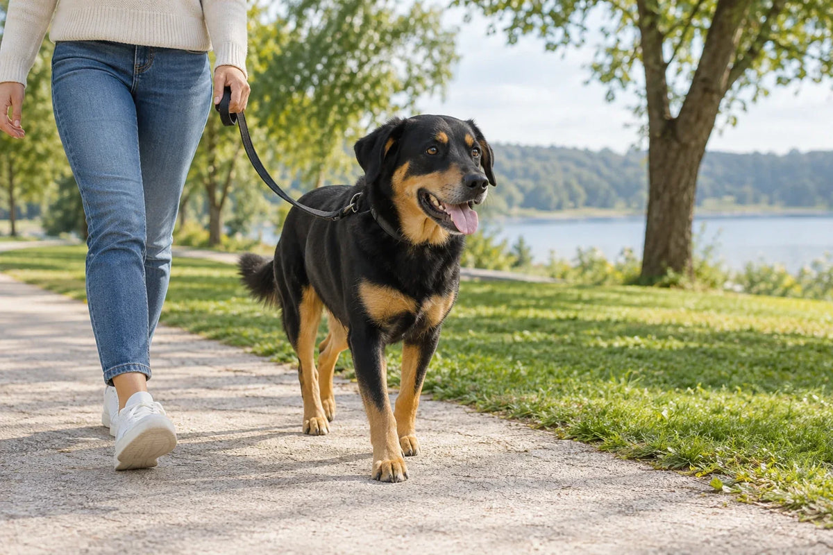 A black-and-tan dog walks beside its owner on a loose leash along a wide park path.