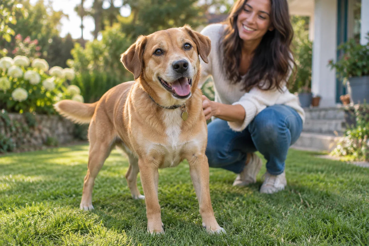 Tan dog standing in a garden with both floppy ears visible and its owner behind it.