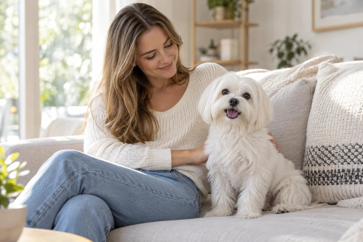 A white Maltese dog sits beside its owner on a pale sofa in a sunlit living room.
