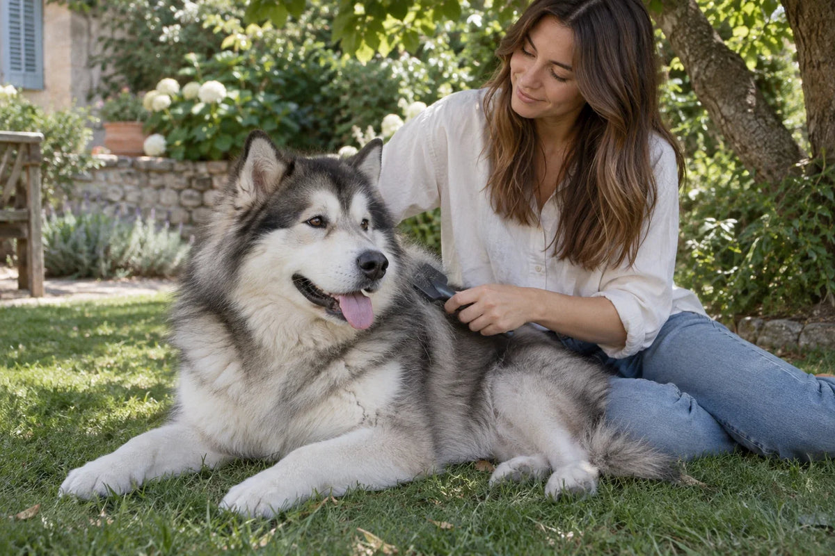 An owner brushes the thick grey-and-white coat of an Alaskan Malamute resting in a shaded garden.