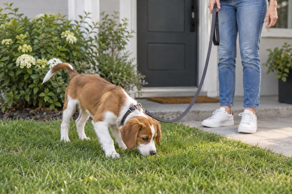 Brown-and-white puppy sniffing grass by a home doorway on a slack leash held by its owner.