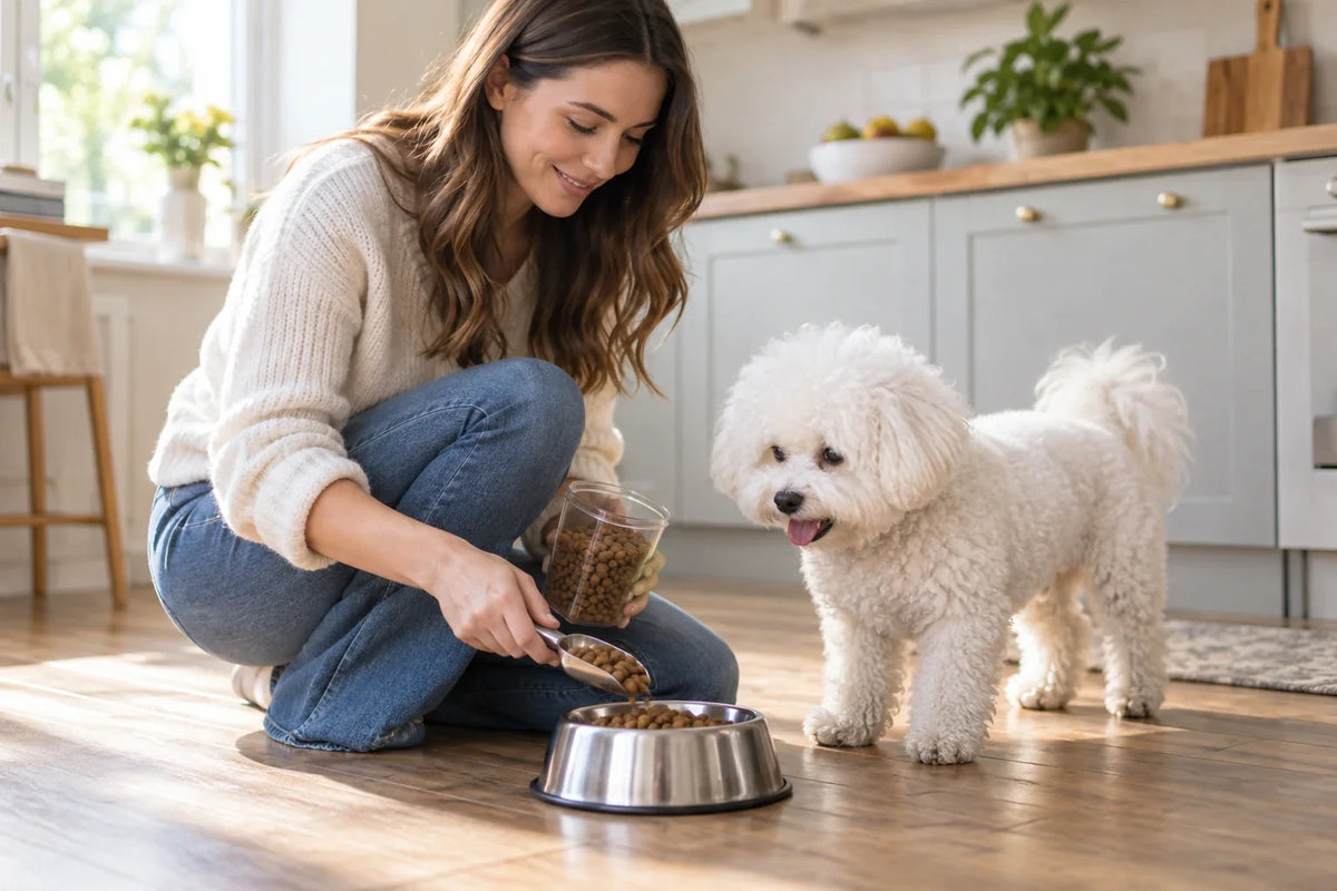 A Bichon Frise watches its owner scoop dry dog food into a metal bowl in a bright kitchen.