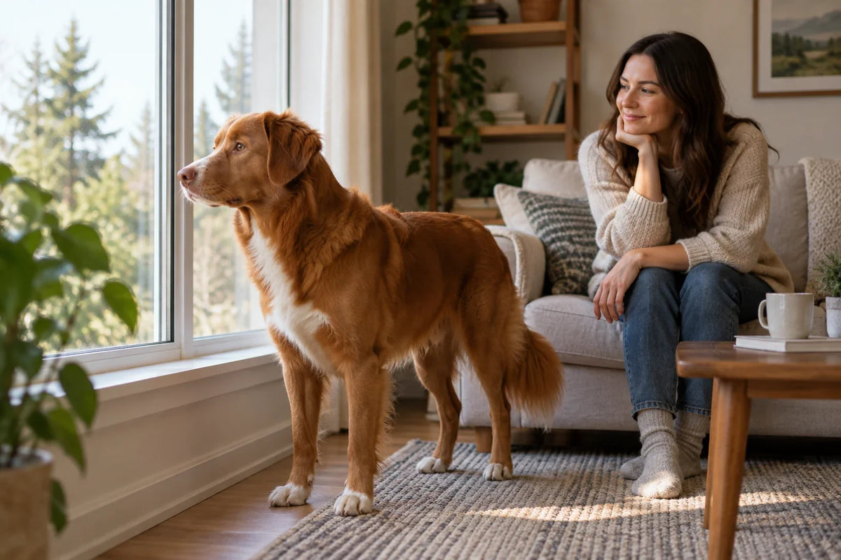 A red-brown dog stands attentively by a living-room window while an owner watches from the sofa.