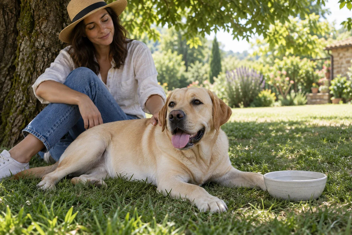 Yellow Labrador lying in tree shade beside a water bowl and its seated owner.