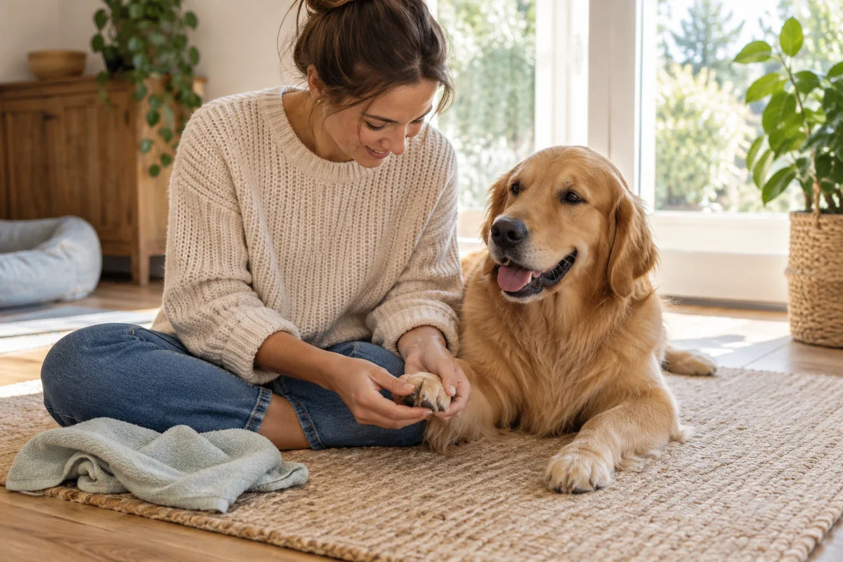 An owner gently holds a golden retriever’s front paw beside a towel on a rug at home.
