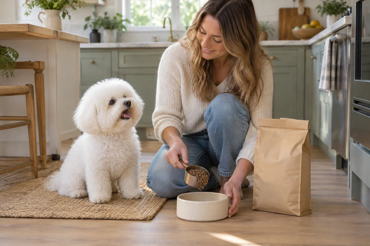 Ein weißer Bichon Frisé sitzt in der Küche neben einer Person, die mit einer Schaufel Futter in einen schlichten Napf füllt.