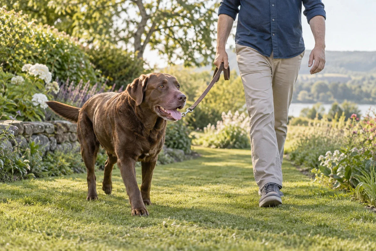 Ein brauner Hund läuft neben seinem Halter an der Leine über einen grasbewachsenen Gartenweg.