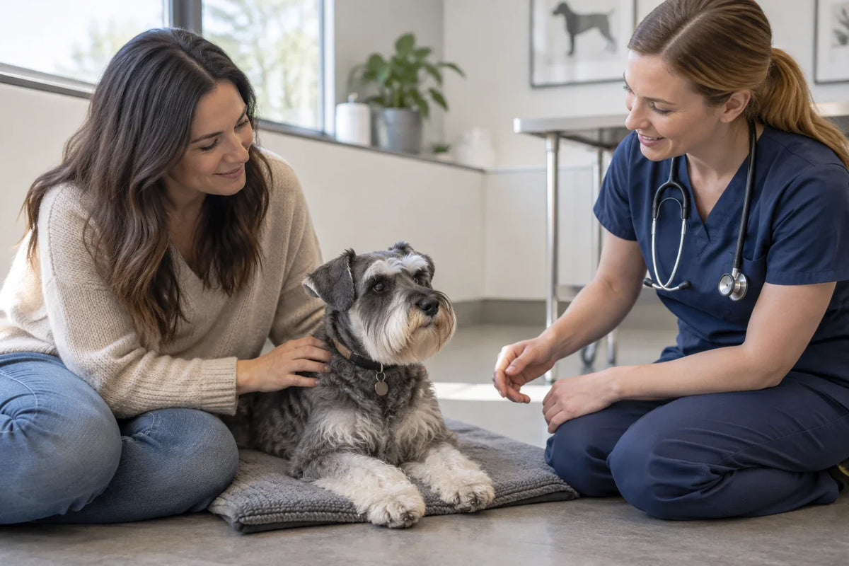 Uno schnauzer nano riposa su un tappetino tra la proprietaria e una veterinaria in ambulatorio.