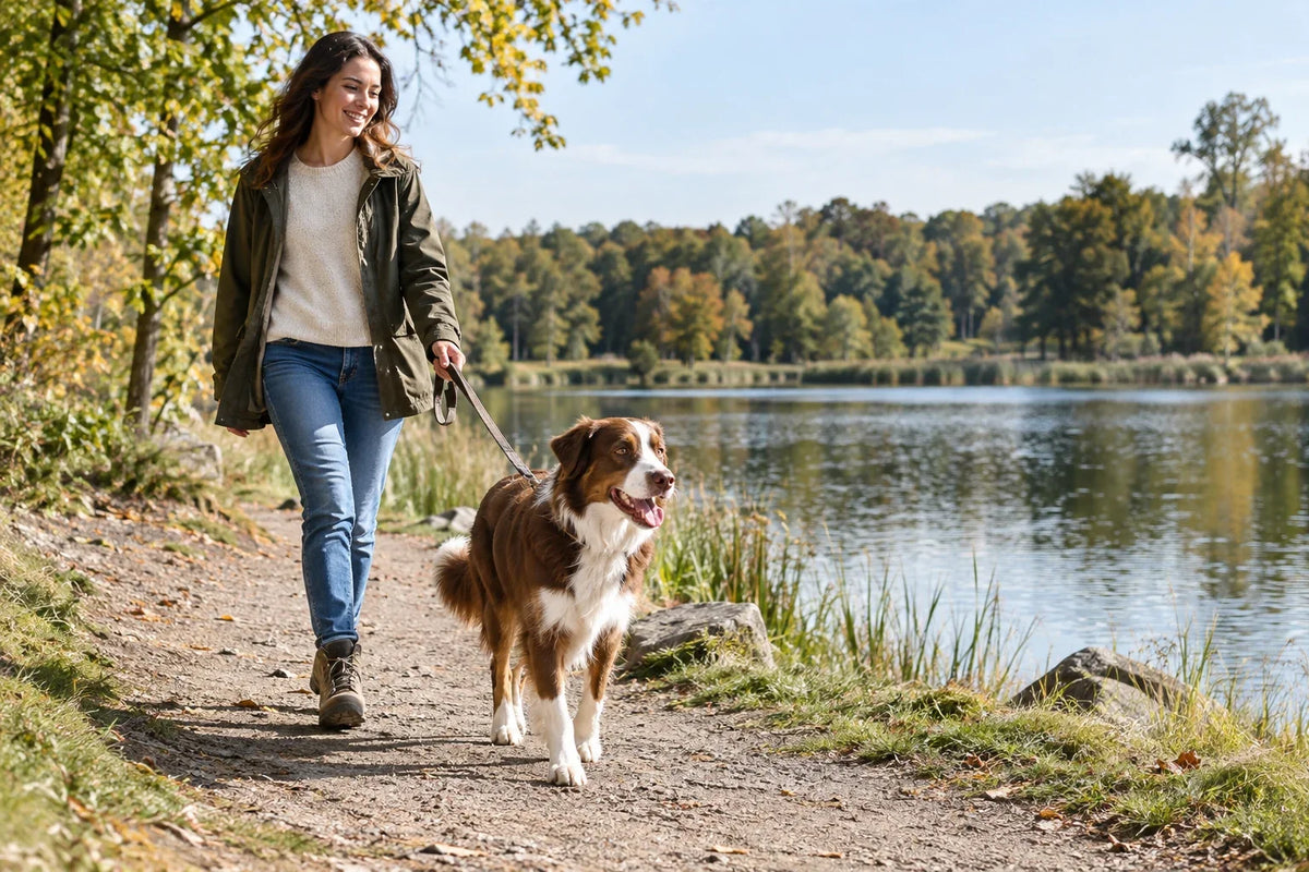 Un cane marrone e bianco al guinzaglio cammina con una persona su un sentiero asciutto accanto a uno stagno.