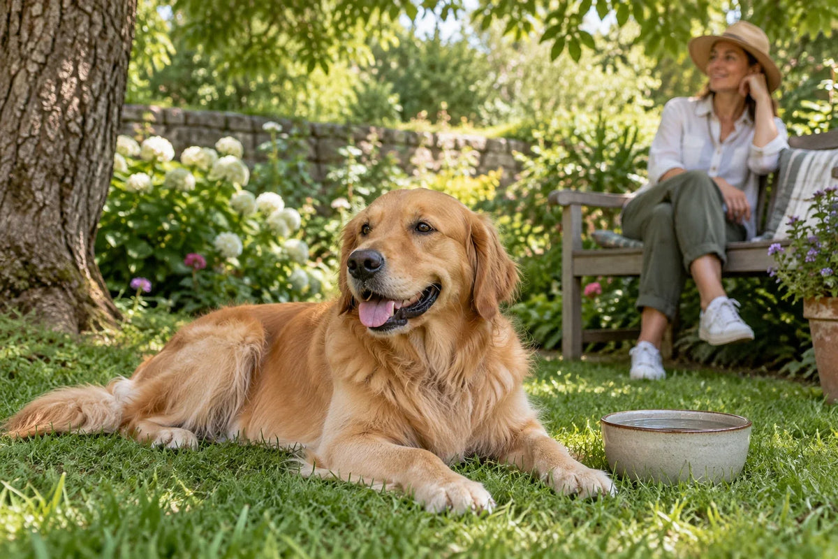 Golden retriever resting with its mouth open in a shaded garden beside a water bowl.