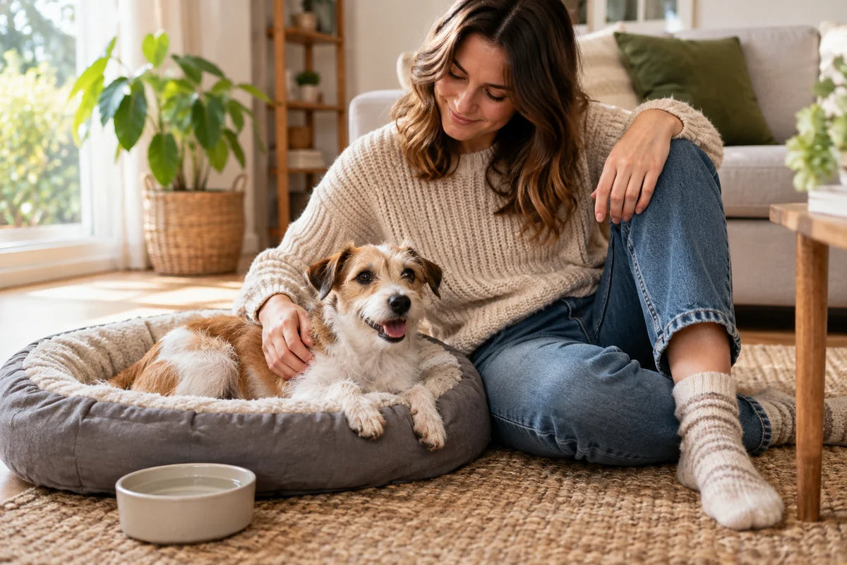 A small brown-and-white terrier rests in a dog bed beside its owner and a water bowl at home.