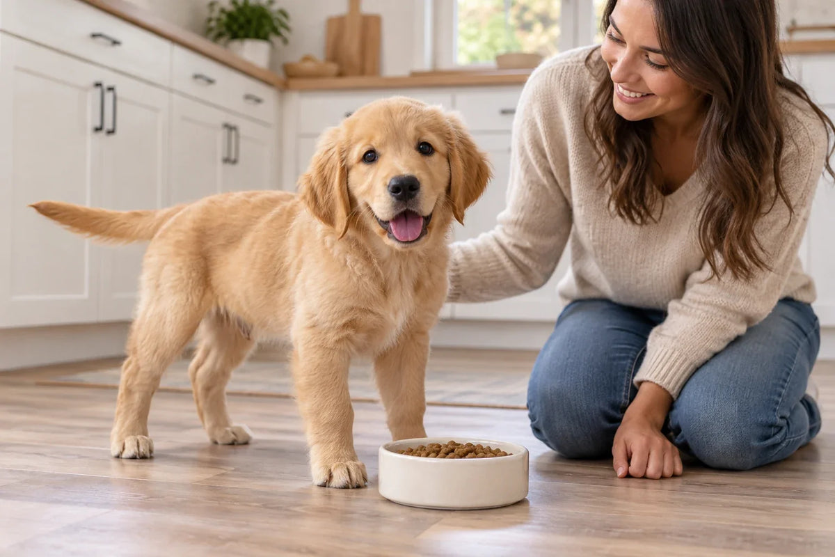 Golden puppy beside a bowl of dry kibble with its owner kneeling on the kitchen floor.