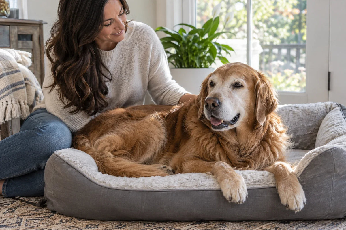 A grey-muzzled golden retriever rests in a padded dog bed while its owner strokes its shoulder.