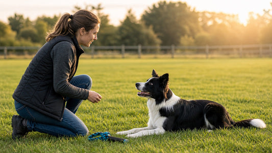 Adult Border Collie doing a focused enrichment session with its owner in a fenced field