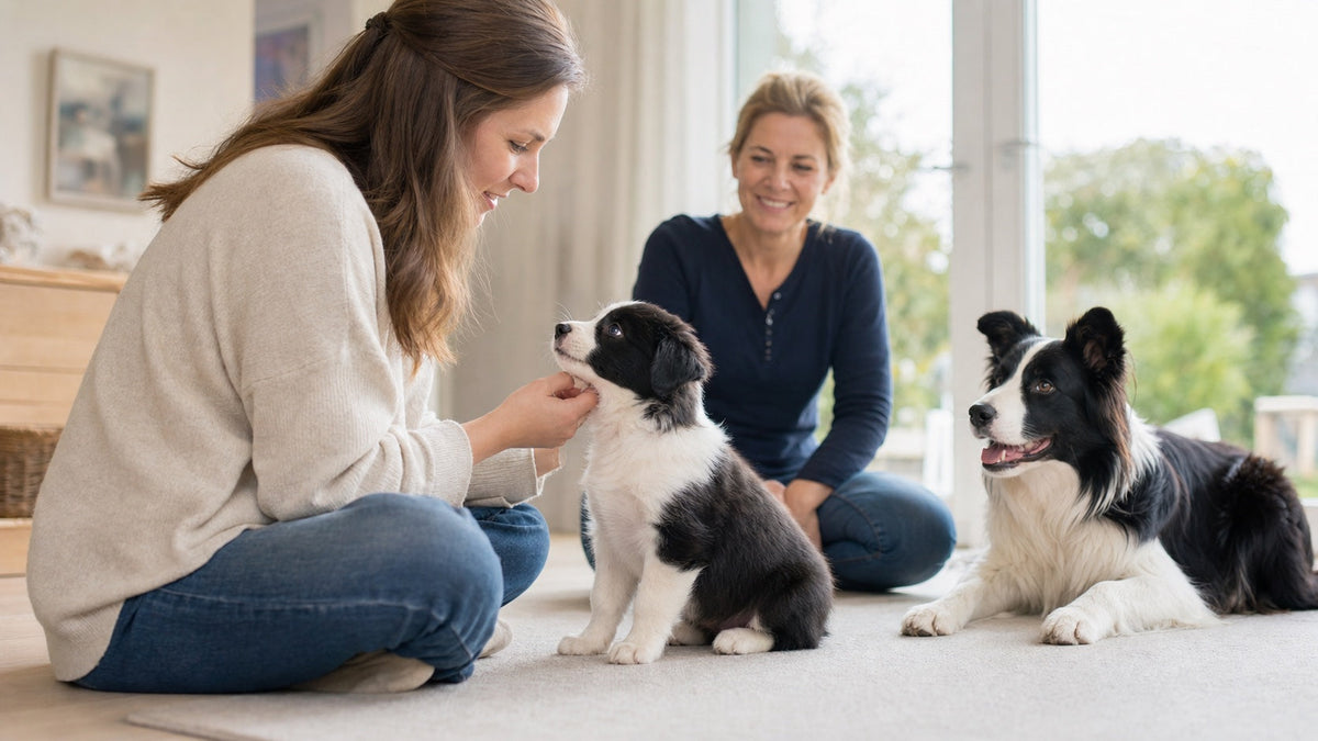 Healthy Border Collie puppy meeting a prospective owner with an adult dog and breeder nearby