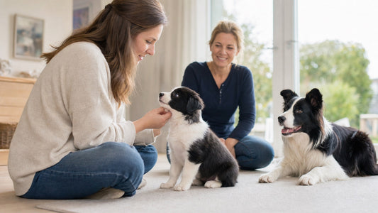 Healthy Border Collie puppy meeting a prospective owner with an adult dog and breeder nearby