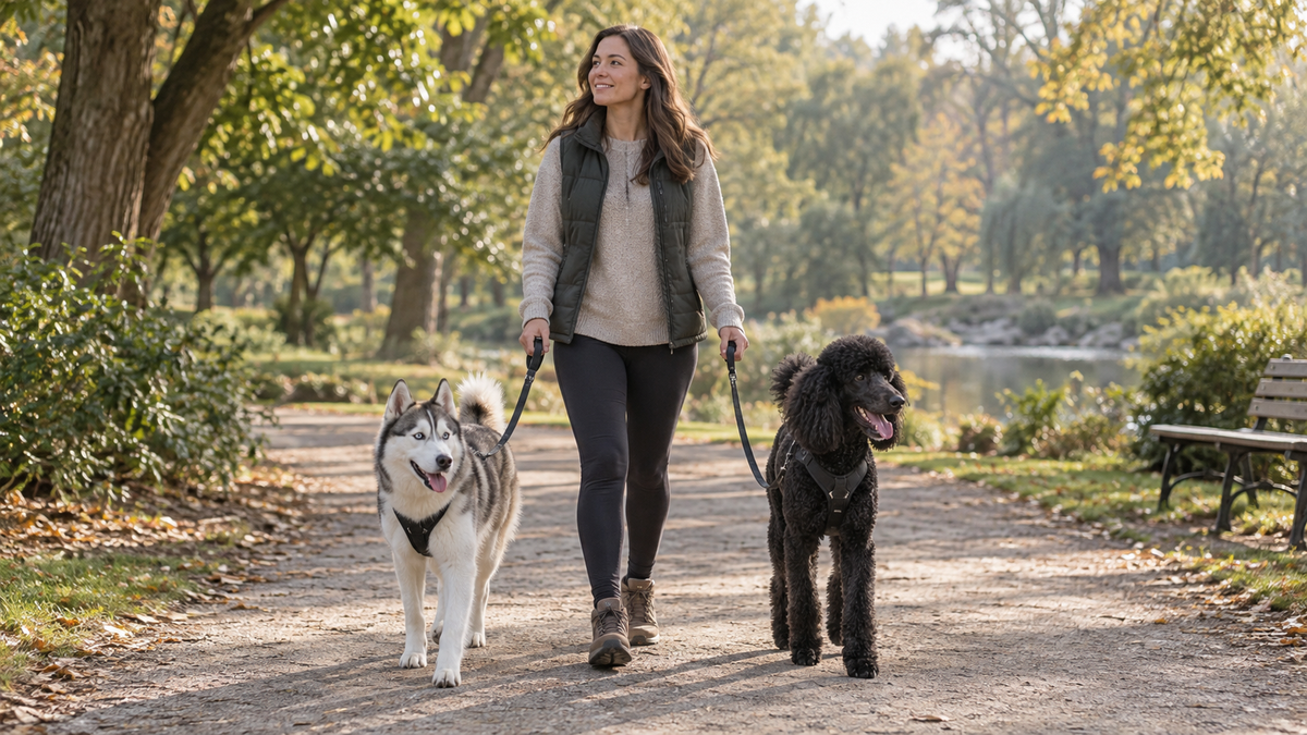 A guardian walking a Siberian Husky and a Standard Poodle on loose leads in a park