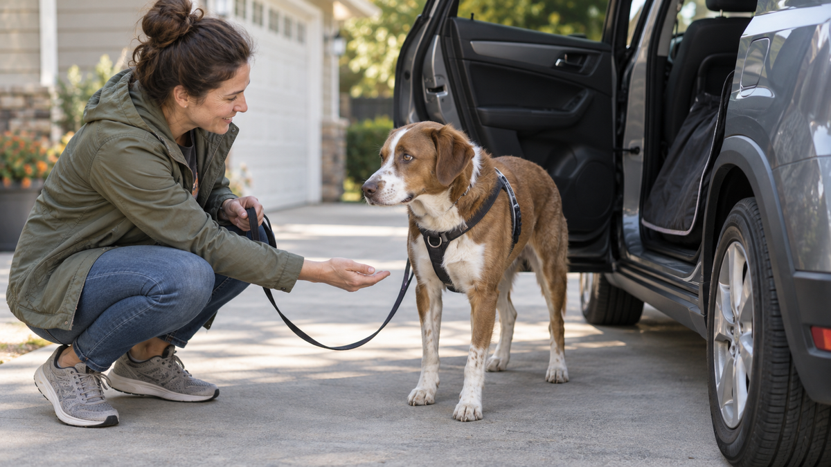 Dog calmly approaching an open door of a parked car with its owner nearby