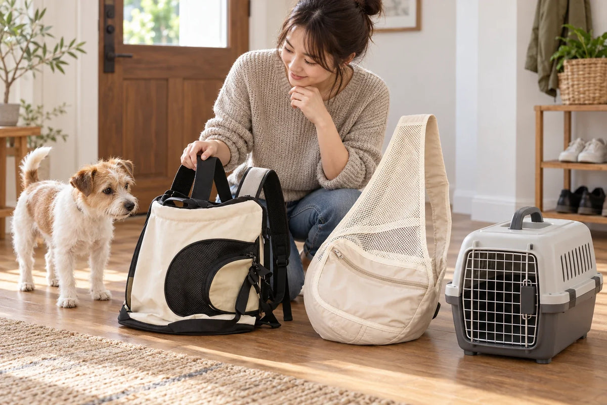 A dog and its owner beside a front carrier, a mesh sling and a rigid handheld pet carrier.