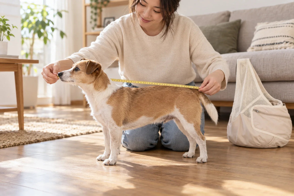 An owner measuring her standing small dog's body length with a tape, with a cream mesh sling nearby.