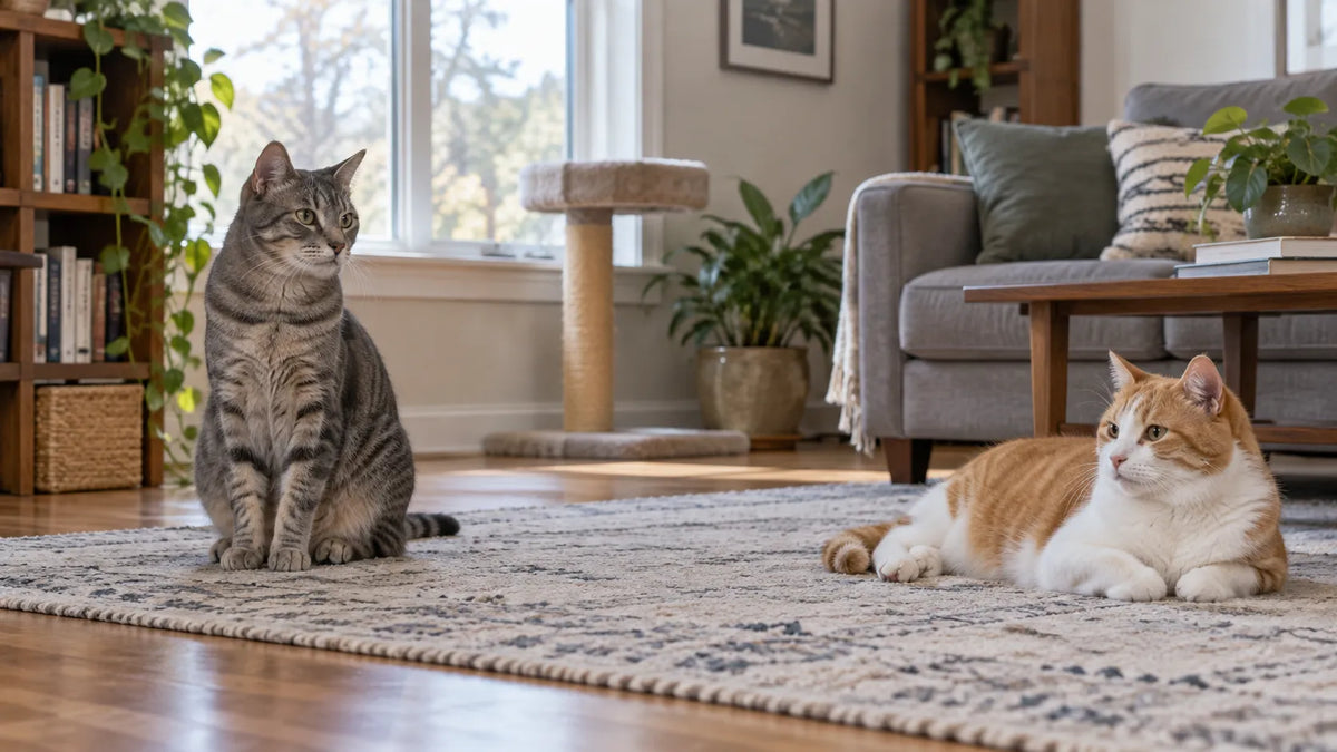 Two relaxed domestic cats sharing a living room