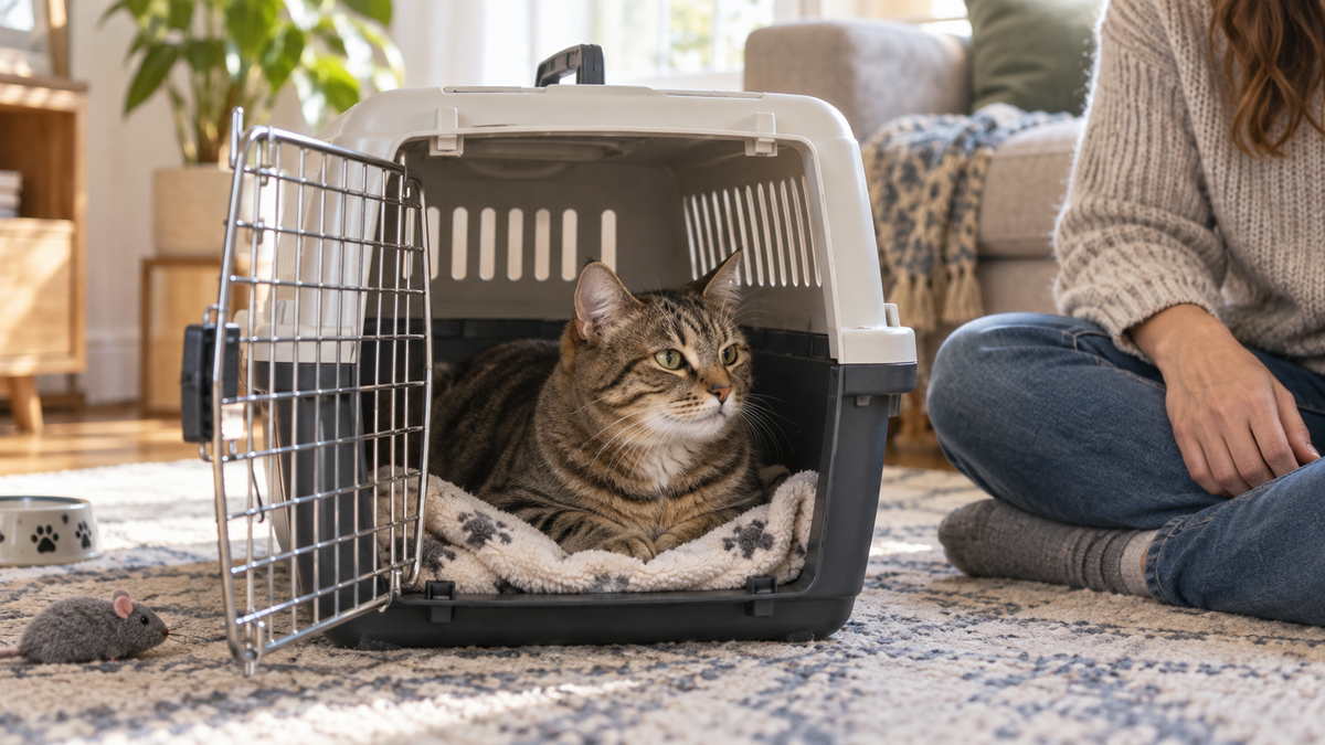 Tabby cat resting in an open carrier during quiet indoor familiarization with its owner nearby